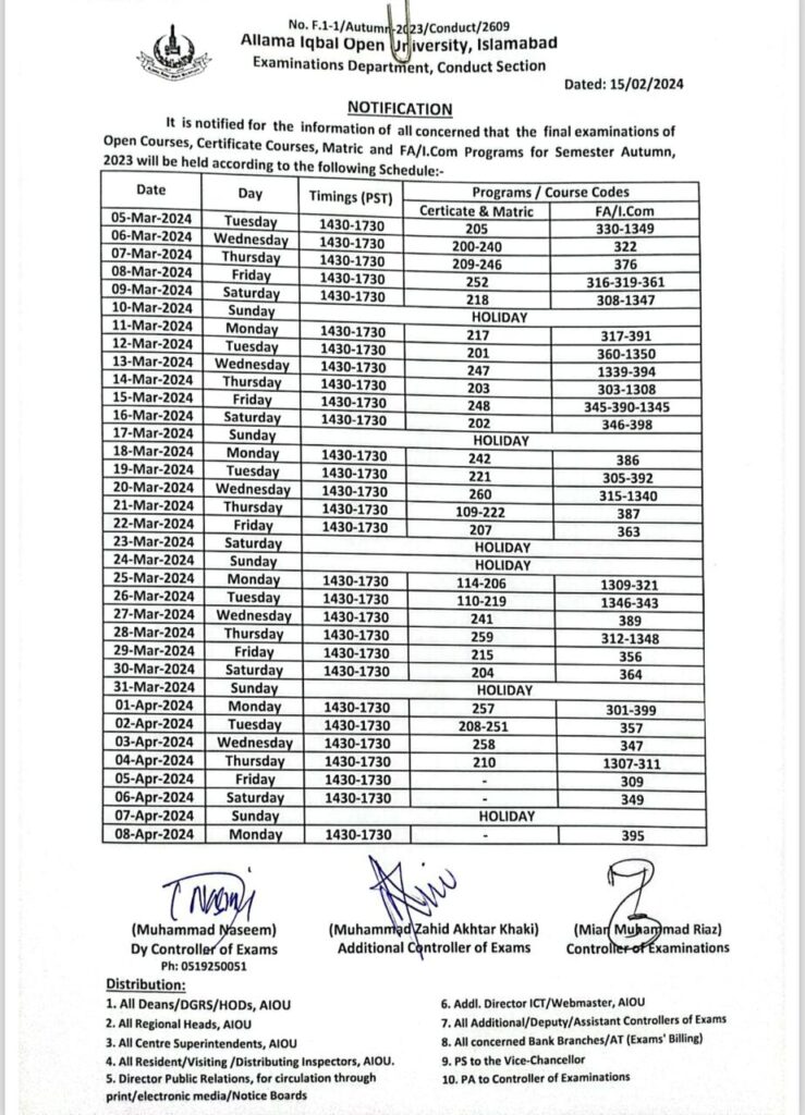 Allama Iqbal Open University Date Sheet for Matriculation and FA/ICOM programs Autumn 2023