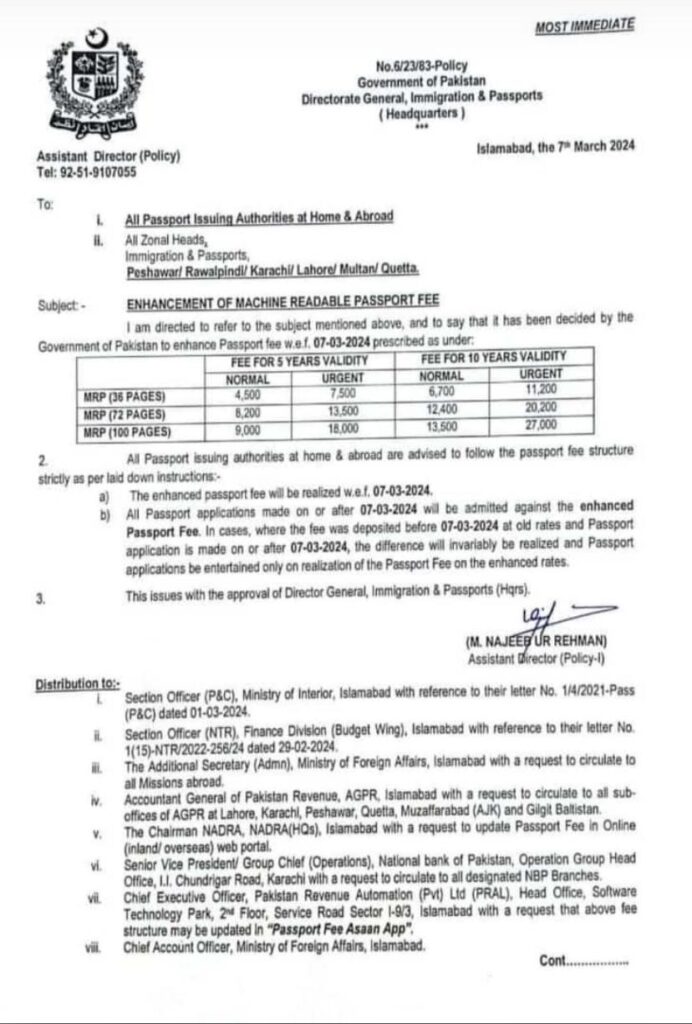 The government of Pakistan has increased the passport fee on March 7, 2024