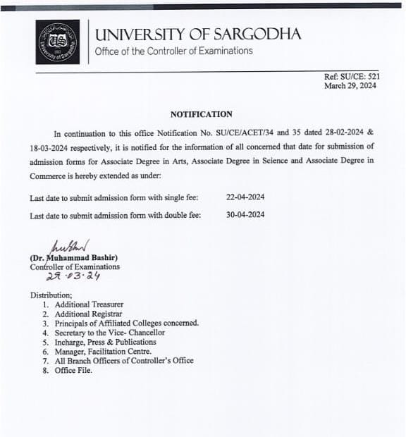 University of Sargodha has extended the last date for Associate Degree admissions