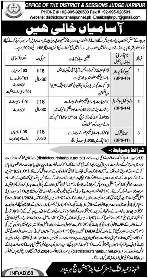 Haripur District and Sessions Judge Jobs 2024