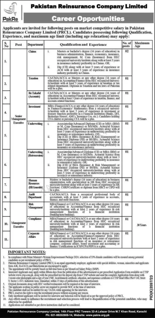 Pakistan Reinsurance Company Limited PRCL Jobs 2024