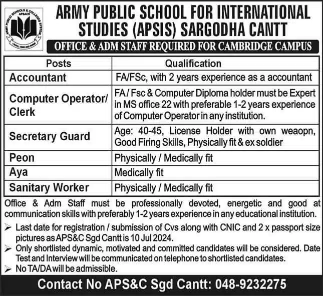 APSIS Sargodha Cantt Jobs 2024,